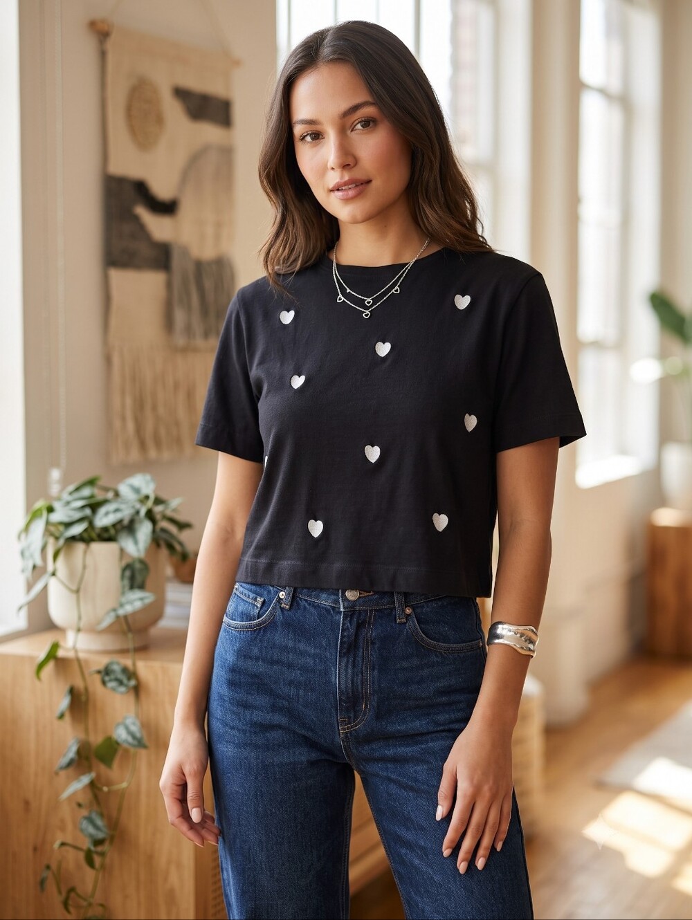 Bluesteel Black Heart Embroidered Crop Top Tee Soft Girl Coquette Y2K